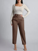 Women's Brown High Waist Suit Pants D-buckle Decor Ankle Length Straight Leg Pants Office Elegant Casual Spring Summer Trousers