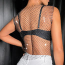 Women's Fishnet Rhinestone Crop Top Summer Sexy Mesh High Elastic Black White Shirt Net Semen Y2K Tank Tops See Through Crop Top