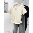Women's V-Neck Rivet Detail Ruched Short Sleeve T-shirt Casual Slim Fit Crop Top
