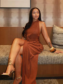 Women Elegant Pleated Irregular Slim Long Skirt Sexy Solid Backless Off-shoulder Dress New Dating Party Festival Club Prom Gown