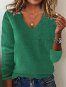 Women's V-neck Sweater Elegant Long Sleeve Ribbed Trim Pullover Solid Knit Wool Base Top for Wear