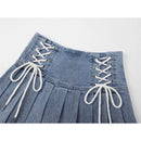 Denim Pleated Skirts Women Cute Lace-up Chic Girlish Summer Mini Skirt Korean Style Fashion Sexy High Waist Streetwear College