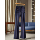 Elegant Office Lady Style High Waist Flared Trousers for Women Blue Slim Fit Straight Leg Pants French Chic Fall Outfit Lookbook