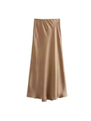 Women's Soft Touch Silk-Like Midi Skirt High Waist Elastic Waistband Chic Fashion Female Skirts Elegant Mujer