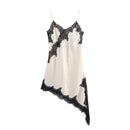 Vestido Mini Feminino com Renda Patchwork e Alças Finas - Irregular Costas Abertas Fenda Sexy Decote V Festa
