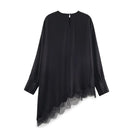 Ladies Elegant Asymmetric Lace Hem Black Blouse Chic O-neck Long Sleeve Loose T-shirt Tops 2026 New Spring Women's Blouse