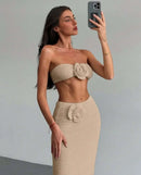 Female Knit 2 Piece-Set Long Skirt Floral Patchwork Tube Tops And High Waist Slim Beach Skirt Sets Knitwear Women Outfits