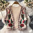 Vestê Feminino de Crochê com Bordado Floral e Decote V - Vintage Folk Tricô Primavera Outono