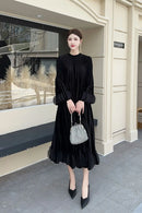Miyake Pleated Dress Women's 2025 New High-end Solid Color Round Neck Bell Sleeves Ruffled Waist Design Elegant Pleated Skirt
