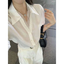 Elegant Lace Trim Blouse Women Spring Autumn Single Button Pure Desire Long Sleeve Top