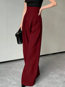 Flowy Wide Leg Palazzo Pants for Women - High Waist Pleated Trousers, Elegant Burgundy Office Suit Pants Spring Summer Slacks