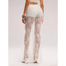 Womens Elegant Sheer Floral Lace See-through Long Pants Elastic High Waist Trendy Wide Leg Flared Trousers Streetwear