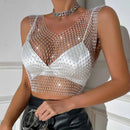 Women's Fishnet Rhinestone Crop Top Summer Sexy Mesh High Elastic Black White Shirt Net Semen Y2K Tank Tops See Through Crop Top