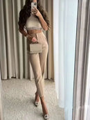 High Waist Solid Pants for Women Casual Basic Ankle Trousers with Pockets Zipper Fly Office Wear Pants Pantalones Mujer