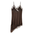 Vestido Mini Feminino Preto de Cetim com Renda e Alças - Sexy Costas Abertas Assimétrico Festa Noite