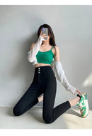 New Women's High Waist Stretch Jeans Blue Black Gray Fashionable and Versatile Multi-button Popular Slim Denim Long Pants Female