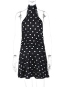 Vestido Mini Feminino com Estampa de Bolinhas e Amarração - Sexy Sem Manga Slim Patchwork Costas Abertas