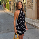 Vestido Mini Feminino com Estampa de Bolinhas e Amarração - Sexy Sem Manga Slim Patchwork Costas Abertas