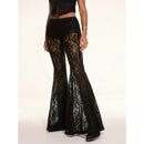 Womens Elegant Sheer Floral Lace See-through Long Pants Elastic High Waist Trendy Wide Leg Flared Trousers Streetwear