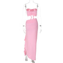 Two Piece Skirt Set for Women Sexy 3D Flower Tube Top High Split Long Maxi Skirt Womens Vacation Outfits