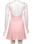 Vestido Mini Feminino Bodycon com Renda Patchwork e Laço - Sexy Sem Manga Costas Abertas Amarrão Slim Festa Clube