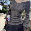 Blusa Feminina Vintage de Tricô com Decote V e Manga Longa - Slim Pulover Sexy Cinza Outono 2025
