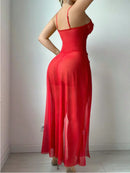 Vestido Longo Feminino Vermelho Floral com Renda Transparente e Alças - Sexy Decote V Profundo Costas Abertas Sem Manga