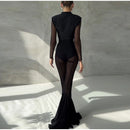 Women Pleated Elastic High Waist Fashion Evening Party Trousers See Through Mesh Pleated Flare Pants 2025 Summer Gown Chic Pants