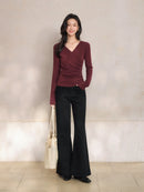 Elegant Ruched Cross V Neck Knit Top Slim Fit Long Sleeve Shirt for Women Chic Casual Early Spring Daily Base Layer Style Lady