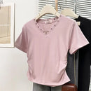 Women's V-Neck Rivet Detail Ruched Short Sleeve T-shirt Casual Slim Fit Crop Top