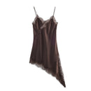 Vestido Mini Feminino com Renda Patchwork e Alças Finas - Irregular Costas Abertas Fenda Sexy Decote V Festa