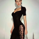 Ticketsx Sexy Lace Dress Set Women Fashion V-Neck See-Through Patchwork Pleated Slim Skirts Set Elegant Party Evening Dress Set