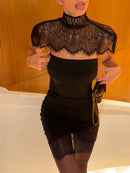 Vestido Mini Bodycon Feminino com Renda e Xale Gola Alta - Sexy Costas Abertas Festa Clube