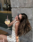 Vestido Mini Feminino de Cetim com Poa e Halter - Sexy Decote V Profundo Costas Abertas Praia Clube