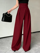 Flowy Wide Leg Palazzo Pants for Women - High Waist Pleated Trousers, Elegant Burgundy Office Suit Pants Spring Summer Slacks