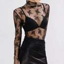 Sexy Lace Bottomed Blouse Women Long Sleeve Crop Top Sleeved High Neck With Hollowed Out Chiffon Foreign Style Sexy Mesh