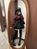 Women‘s Lolita Set Dark Femme Mesh Top & Waist Cinching Skirt, 2025 Autumn Japanese Street Style Coord for Gothic Baddie Fashion