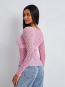 Women Lace Pullover TopS Retro Long Sleeve Round Neck See Through Solid Color Fitted T-Shirts Casual Blouse Streetwear Y2K 2000s