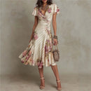 Boho Style Elegant Floral Print Long Dress Woman Spring V Neck High Waist Party Dress Summer Short Sleeve Zip Maxi Dress Vestido