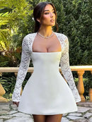 Vestido Mini Feminino com Renda Patchwork e Cintura Franzida - Linha A Costas Abertas Sexy Festa Balada Outono Inverno