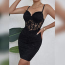 Vestido Bodycon Preto com Renda Floral e Mesh See-Through - Y2K Festa