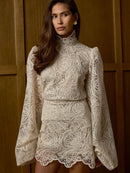 Lace Elegant Skirt Two Piece Set Women Turtleneck Hollow Out Lantern Sleeve Tops Irregular Hem Mini Skirt 2025 Chic Party Suit