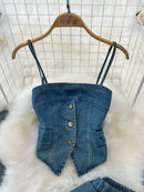 Faionable Denim ter Ne Crop Top And High Waist  Skirt Women's Set Summer Polyester Material Youthful Sle