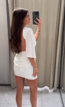 Vestido Mini Feminino Branco com Paetê e Renda - Manga Curta Elegante Festa 2026