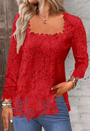Lace Blouse Tee Shirt Women Vintage Top Solid Full Sleeve Square Collar Streetwear Ladies Casual Spring Summer Basic Tops 2025
