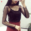 Women Lace Bottomed Blouse T-shirt Spring And Autumn Long Sleeve Mesh Crop Top Foreign Style Sexy Hollow Mesh Top High Neck 2024