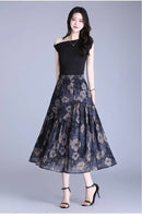 Women Floral Print Tiered Midi Skirt Elastic High Waist Pocketed Ruffle Hem Casual Boho Long Skirt