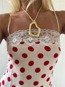 Vestido Mini Feminino Vermelho com Poa e Alças de Cetim - Sexy Sem Manga Costas Abertas Slim Praia Clube