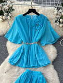 Women Summer Skirt Sets New Fashionable Three-dimensional Flower Short Sleeved Chiffon Top Pleated Skirt Two-piece Set C111