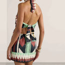 Vestido Mini Feminino Boho com Estampa e Halter - Vazado Ombro Frio Costas Abertas Amarrão